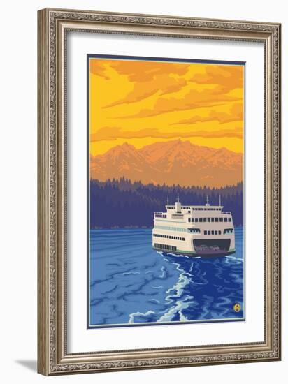 Ferry and Mountains-Lantern Press-Framed Art Print