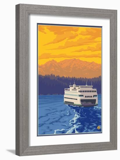 Ferry and Mountains-Lantern Press-Framed Art Print