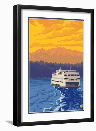 Ferry and Mountains-Lantern Press-Framed Art Print
