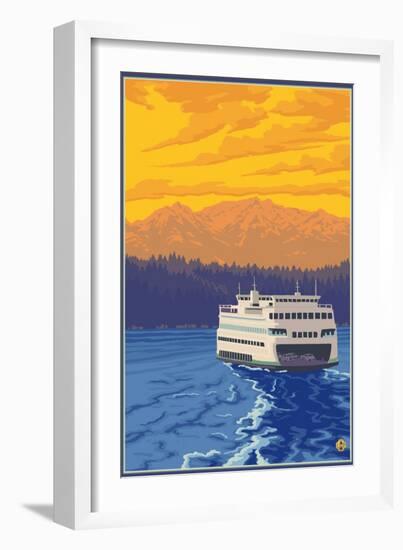 Ferry and Mountains-Lantern Press-Framed Art Print