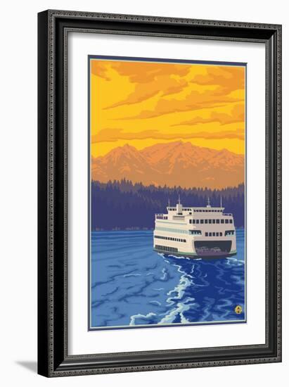 Ferry and Mountains-Lantern Press-Framed Art Print