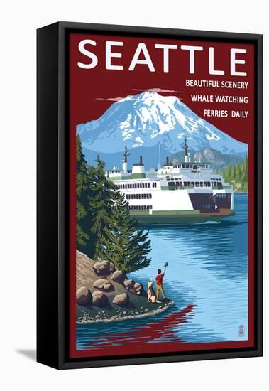 Ferry & Mount Rainier Scene - Seattle, Washington-Lantern Press-Framed Stretched Canvas