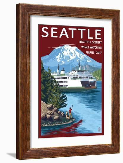 Ferry & Mount Rainier Scene - Seattle, Washington-Lantern Press-Framed Art Print