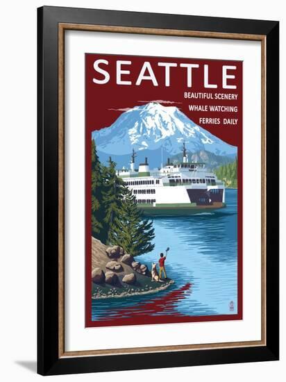 Ferry & Mount Rainier Scene - Seattle, Washington-Lantern Press-Framed Art Print