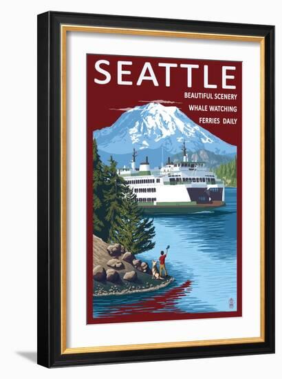 Ferry & Mount Rainier Scene - Seattle, Washington-Lantern Press-Framed Art Print