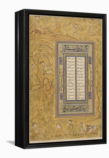 Feuillet calligraphié, avec une marge ornée de personnages iranisants dans un paysage-null-Framed Premier Image Canvas