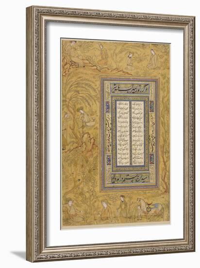 Feuillet calligraphié, avec une marge ornée de personnages iranisants dans un paysage-null-Framed Giclee Print