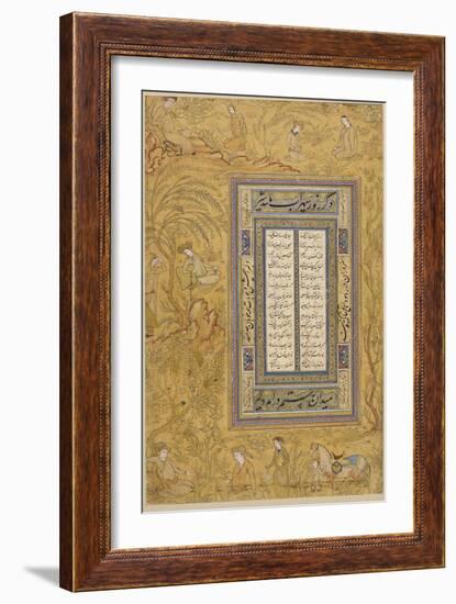 Feuillet calligraphié, avec une marge ornée de personnages iranisants dans un paysage-null-Framed Giclee Print