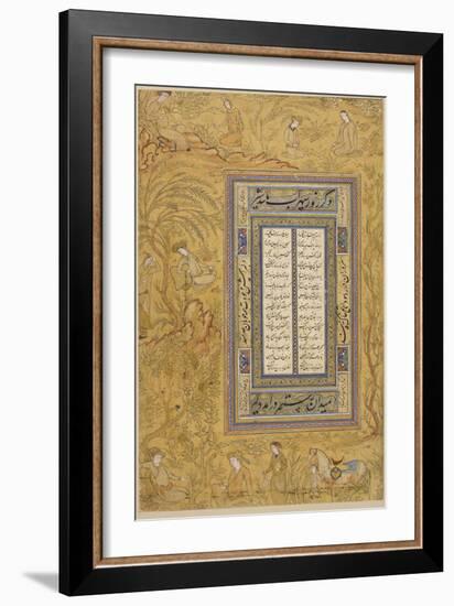 Feuillet calligraphié, avec une marge ornée de personnages iranisants dans un paysage-null-Framed Giclee Print