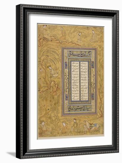 Feuillet calligraphié, avec une marge ornée de personnages iranisants dans un paysage-null-Framed Giclee Print