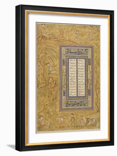 Feuillet calligraphié, avec une marge ornée de personnages iranisants dans un paysage-null-Framed Giclee Print