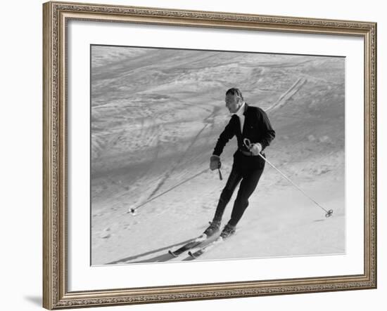 Fiat President Giovanni Agnelli Skiing Slopes Near His Sestriere Ski Resort-null-Framed Premium Photographic Print