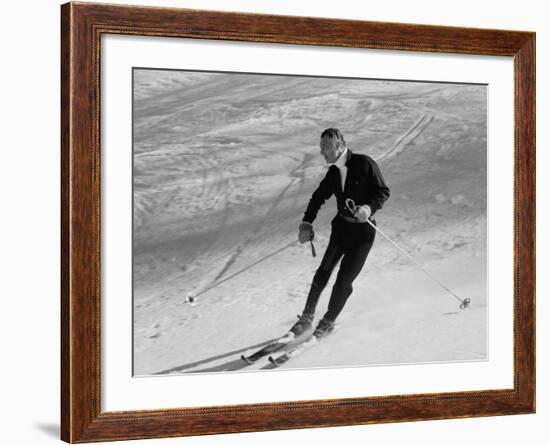 Fiat President Giovanni Agnelli Skiing Slopes Near His Sestriere Ski Resort-null-Framed Premium Photographic Print