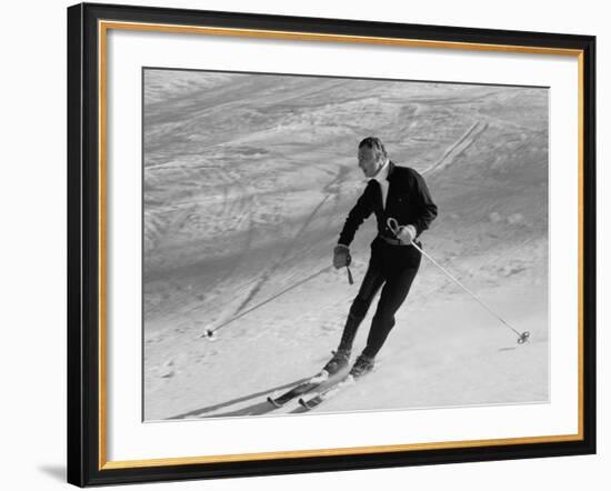 Fiat President Giovanni Agnelli Skiing Slopes Near His Sestriere Ski Resort-null-Framed Premium Photographic Print