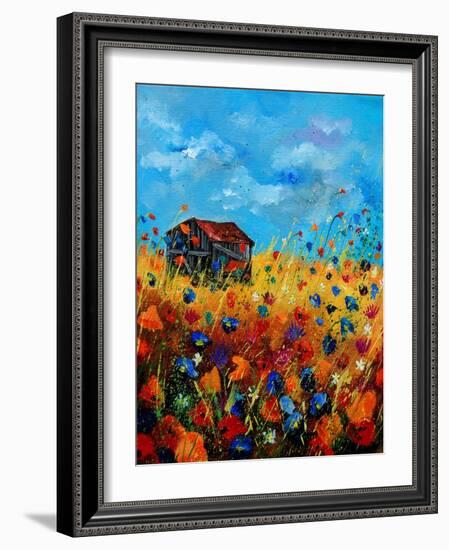 Field Flowers And Old Barn - Poppies-Pol Ledent-Framed Art Print