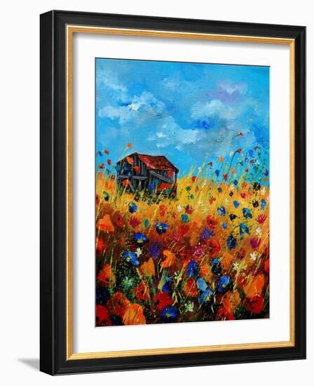 Field Flowers And Old Barn - Poppies-Pol Ledent-Framed Art Print