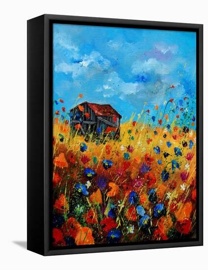 field flowers and old barn-Pol Ledent-Framed Stretched Canvas