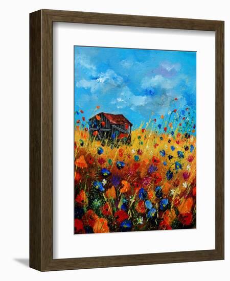 field flowers and old barn-Pol Ledent-Framed Art Print