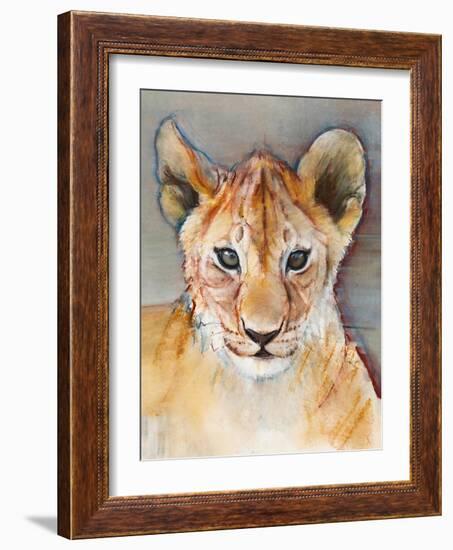 Fierce cub, Masai Mara, 2019, (conté and pastel on paper)-Mark Adlington-Framed Giclee Print