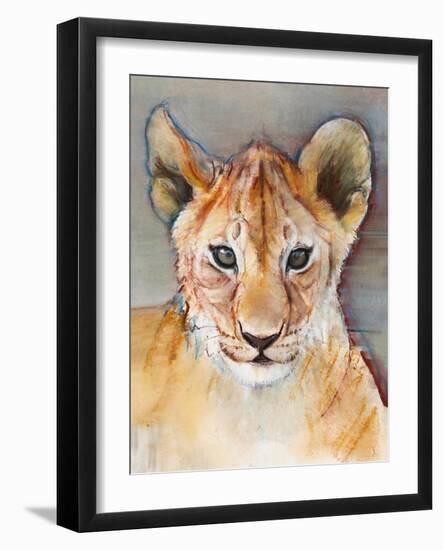 Fierce cub, Masai Mara, 2019, (conté and pastel on paper)-Mark Adlington-Framed Giclee Print