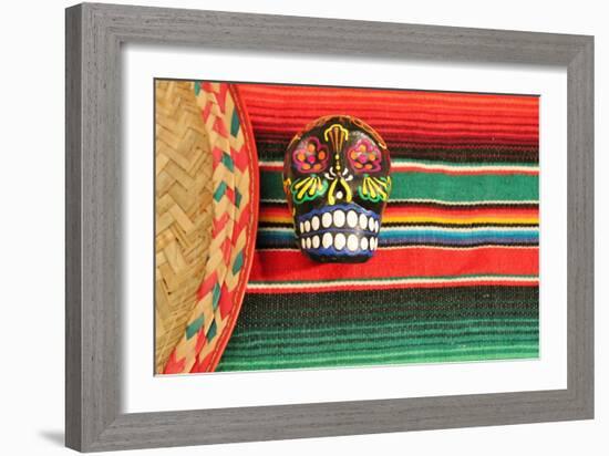 Fiesta Mexican Poncho Rug in Bright Colors with Sombrero Candy Skull Background with Copy Space-cheekylorns-Framed Photographic Print