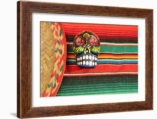 Fiesta Mexican Poncho Rug in Bright Colors with Sombrero Candy Skull Background with Copy Space-cheekylorns-Framed Photographic Print