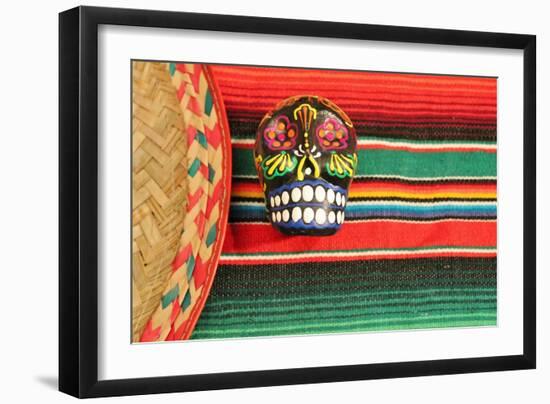 Fiesta Mexican Poncho Rug in Bright Colors with Sombrero Candy Skull Background with Copy Space-cheekylorns-Framed Photographic Print