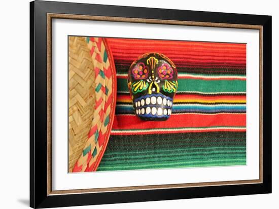 Fiesta Mexican Poncho Rug in Bright Colors with Sombrero Candy Skull Background with Copy Space-cheekylorns-Framed Photographic Print