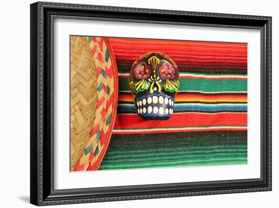 Fiesta Mexican Poncho Rug in Bright Colors with Sombrero Candy Skull Background with Copy Space-cheekylorns-Framed Photographic Print