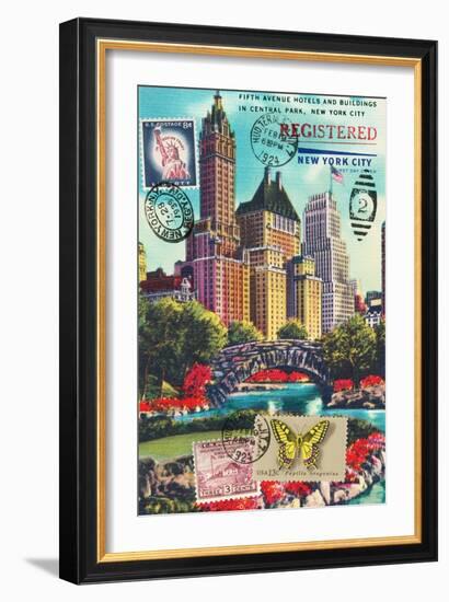 Fifth Avenue in Central Park, New York City Vintage Postcard Collage-Piddix-Framed Premium Giclee Print