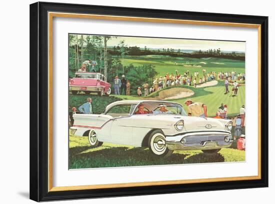 Fifties Cars on Golf Course-null-Framed Art Print