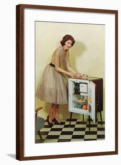 Fifties Housewife with Mini-Fridge-null-Framed Art Print