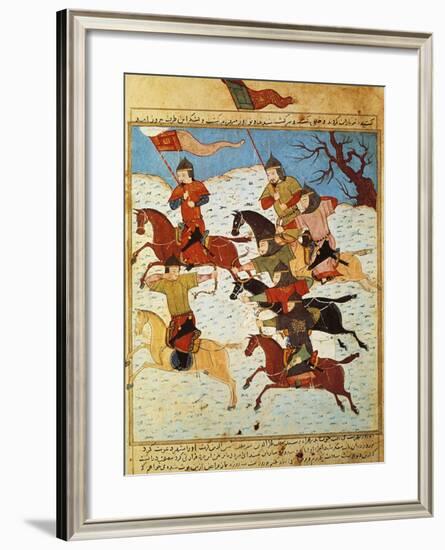Fighting Between Mongol Knights Armed with Bows and Sabres, from a Persian Manuscript-null-Framed Giclee Print