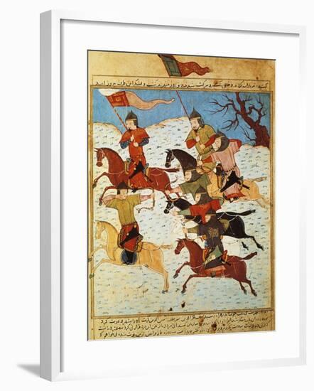 Fighting Between Mongol Knights Armed with Bows and Sabres, from a Persian Manuscript-null-Framed Giclee Print