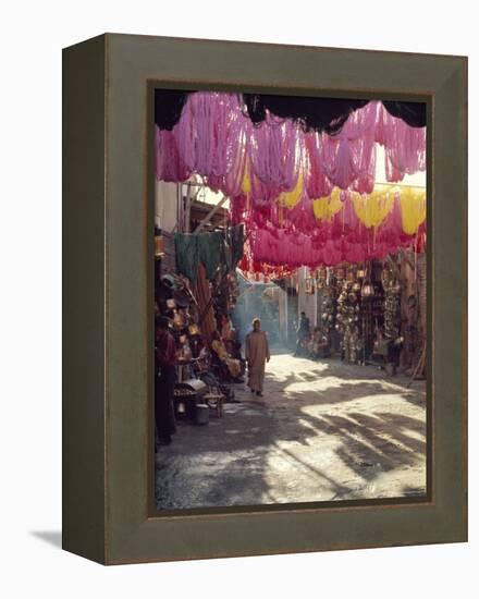 Figure in Wool Dyers Textile Souk, Marrakesh, Morocco, Africa-Jj Travel Photography-Framed Premier Image Canvas