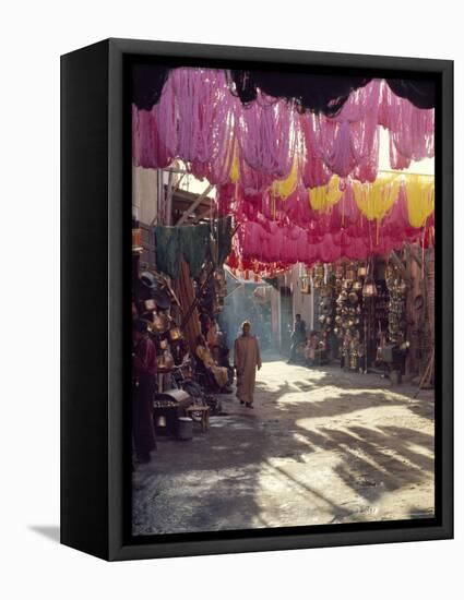 Figure in Wool Dyers Textile Souk, Marrakesh, Morocco, Africa-Jj Travel Photography-Framed Premier Image Canvas