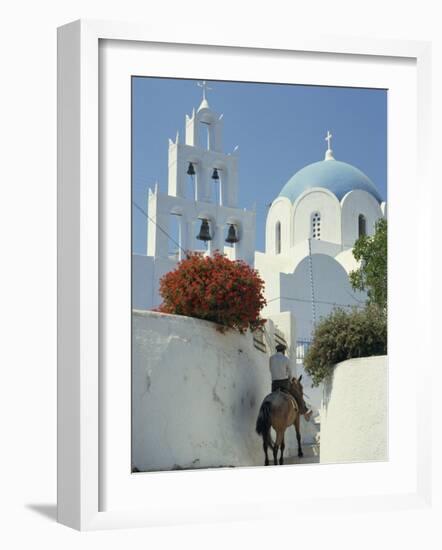 Figure on Donkey Passing Church Bell Tower and Dome, Vothonas, Santorini, Cyclades Islands, Greece-Short Michael-Framed Photographic Print