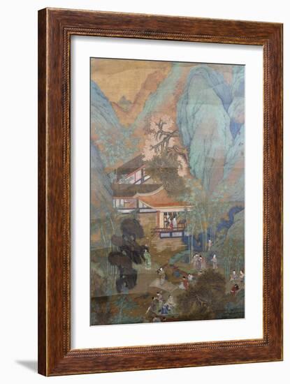 Figures at Leisure in the Garden of a Pavilion, Set in a Mountainous Landscape of Blossoming…-null-Framed Giclee Print