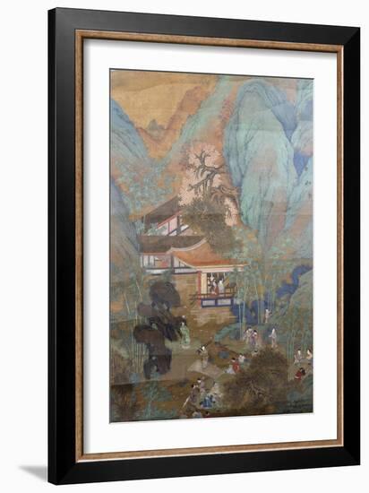 Figures at Leisure in the Garden of a Pavilion, Set in a Mountainous Landscape of Blossoming…-null-Framed Giclee Print