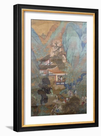 Figures at Leisure in the Garden of a Pavilion, Set in a Mountainous Landscape of Blossoming…-null-Framed Giclee Print