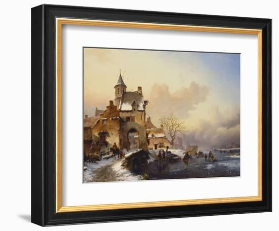 Figures Crossing a Bridge in Frozen Landscape, 1850-Frederik Marianus Kruseman-Framed Giclee Print