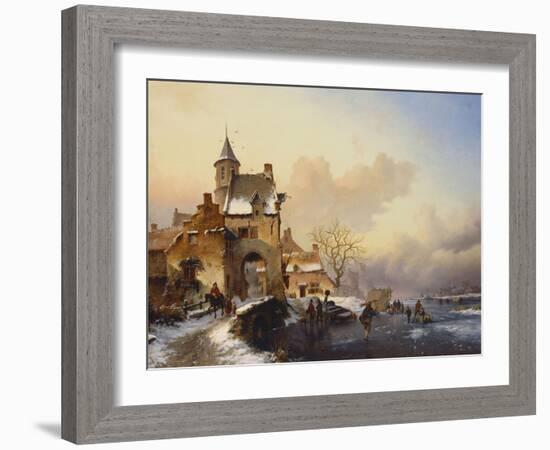 Figures Crossing a Bridge in Frozen Landscape, 1850-Frederik Marianus Kruseman-Framed Giclee Print