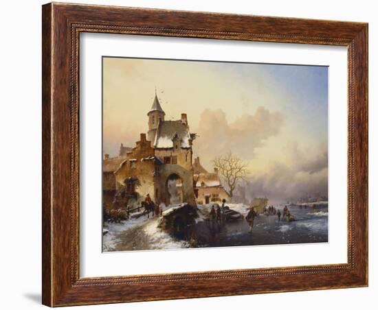 Figures Crossing a Bridge in Frozen Landscape, 1850-Frederik Marianus Kruseman-Framed Giclee Print