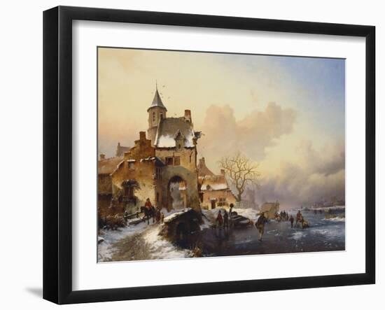 Figures Crossing a Bridge in Frozen Landscape, 1850-Frederik Marianus Kruseman-Framed Giclee Print