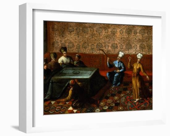 Figures Gathered Round a Kursi with a Musician and a Dancer Performing Before Them-Jean Baptiste Vanmour-Framed Giclee Print