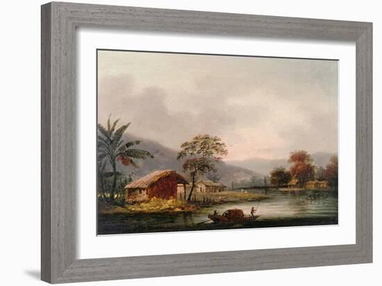 Figures Guiding a Sampan Round a Bend in a River, Past a Village-George Chinnery-Framed Giclee Print