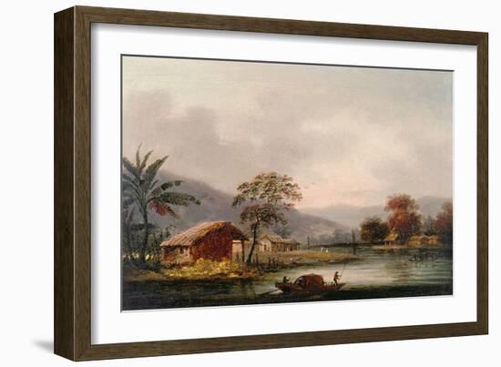 Figures Guiding a Sampan Round a Bend in a River, Past a Village-George Chinnery-Framed Giclee Print