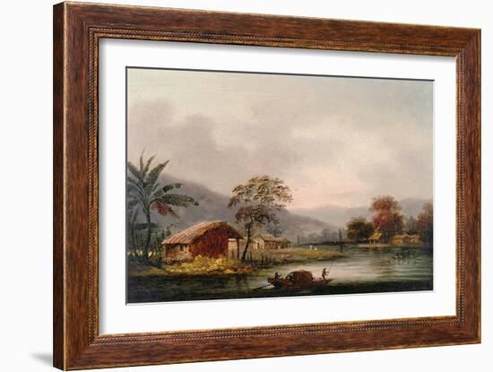 Figures Guiding a Sampan Round a Bend in a River, Past a Village-George Chinnery-Framed Giclee Print