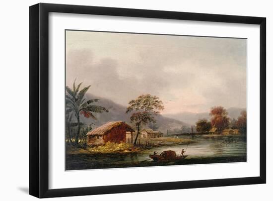 Figures Guiding a Sampan Round a Bend in a River, Past a Village-George Chinnery-Framed Giclee Print