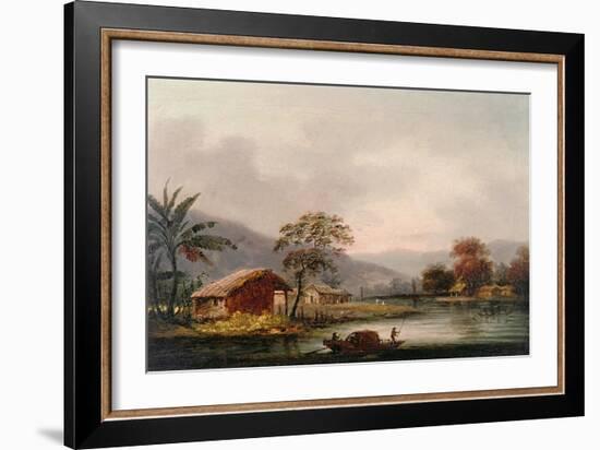 Figures Guiding a Sampan Round a Bend in a River, Past a Village-George Chinnery-Framed Giclee Print